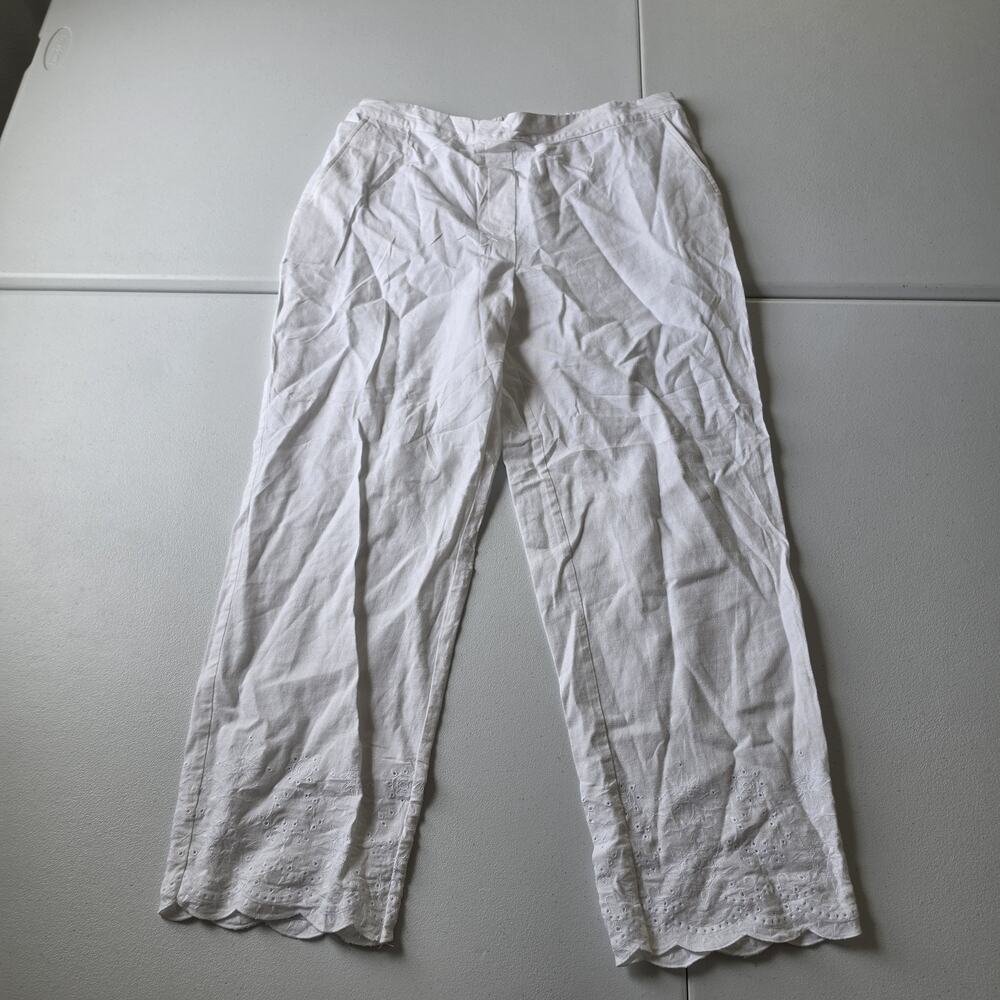 Chico's Pants Womens 1 M White Linen Ankle Straight Leg Embroidered Scallop Hem